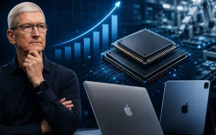 Apple CEO Tim Cook discussing the AI-driven memory chip shortage alongside MacBook and iPad devices, highlighting rising DRAM and NAND costs affecting consumer electronics in 2026.