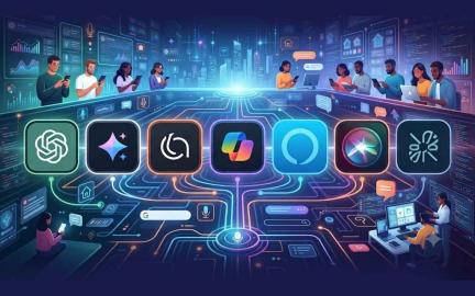 Illustration of popular AI assistants including ChatGPT, Gemini, Claude, Copilot, Alexa, Siri, and Perplexity helping people with everyday tasks.