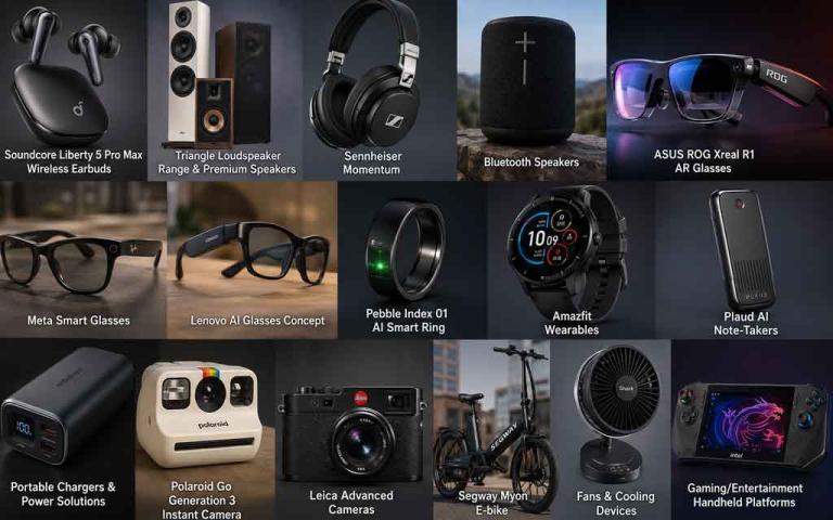 Collection of the best gadgets of July 2026 featuring AI wearables, AR smart glasses, wireless earbuds, portable chargers, smart speakers, and innovative consumer electronics.