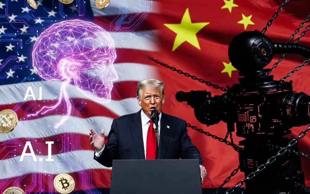 Donald Trump speaking with AI graphics, cryptocurrency symbols, and China-themed technology imagery representing the US-China AI and crypto competition