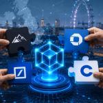 Digital illustration showing tokenized financial assets connected by blockchain with BlackRock, JPMorgan, Goldman Sachs, and Coinbase representing a UK tokenization initiative