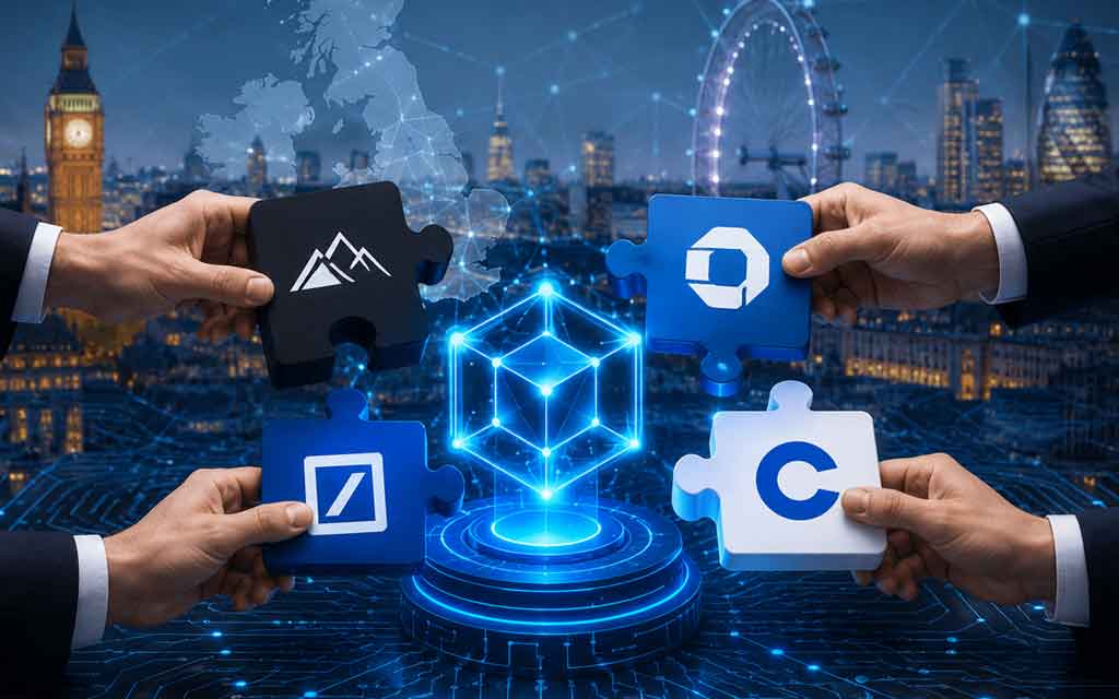 Digital illustration showing tokenized financial assets connected by blockchain with BlackRock, JPMorgan, Goldman Sachs, and Coinbase representing a UK tokenization initiative