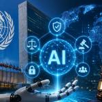 United Nations AI Agent Trust Initiative concept showing autonomous AI agents, digital governance, cybersecurity, and global AI regulation.