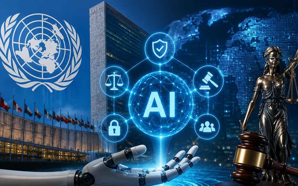 United Nations AI Agent Trust Initiative concept showing autonomous AI agents, digital governance, cybersecurity, and global AI regulation.