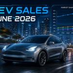 Illustration of the US electric vehicle market in June 2026 featuring Tesla Model Y leading EV sales alongside Rivian, Ford Mustang Mach-E, Hyundai Ioniq 5, and other top electric vehicles.