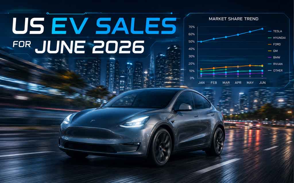 Illustration of the US electric vehicle market in June 2026 featuring Tesla Model Y leading EV sales alongside Rivian, Ford Mustang Mach-E, Hyundai Ioniq 5, and other top electric vehicles.