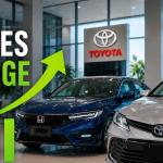 Illustration showcasing the US hybrid vehicle market in 2026 featuring Toyota and Honda hybrid models leading sales growth, alongside Hyundai, Kia, and Ford hybrid vehicles.