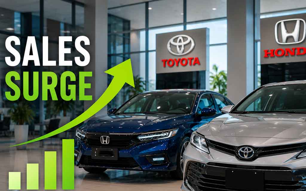 Illustration showcasing the US hybrid vehicle market in 2026 featuring Toyota and Honda hybrid models leading sales growth, alongside Hyundai, Kia, and Ford hybrid vehicles.