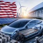 Electric vehicle battery manufacturing facility in the United States with battery cells, American flag, EV assembly line, and clean energy technology representing IRA battery incentives