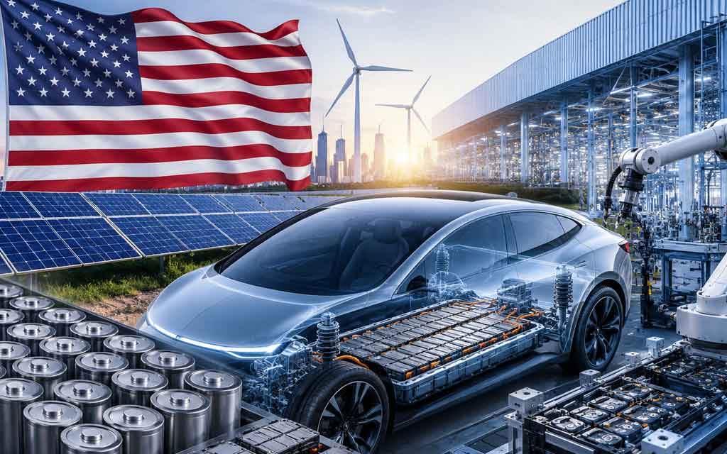 Electric vehicle battery manufacturing facility in the United States with battery cells, American flag, EV assembly line, and clean energy technology representing IRA battery incentives