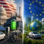 Split graphic showing the United States and European Union with electric vehicle batteries, clean energy icons, EV factories, and renewable technology representing the comparison between the US Inflation Reduction Act and the EU Green Deal