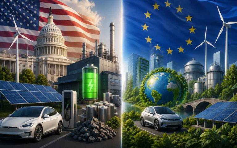 Split graphic showing the United States and European Union with electric vehicle batteries, clean energy icons, EV factories, and renewable technology representing the comparison between the US Inflation Reduction Act and the EU Green Deal