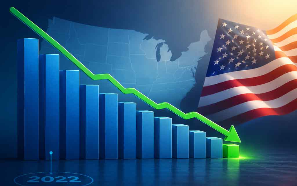 Illustration showing the US economy strengthening with declining recession probability, rising stock market charts, AI infrastructure investment, and economic growth indicators