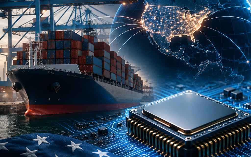 Illustration of semiconductor chips, cargo containers, and AI data centers representing record US semiconductor imports during the AI infrastructure boom