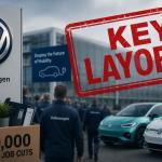 Volkswagen manufacturing plant with EV production line and workers representing the company's restructuring and planned workforce reductions