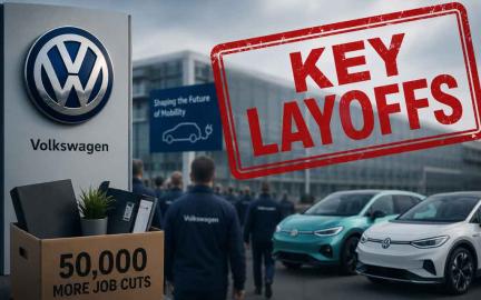 Volkswagen manufacturing plant with EV production line and workers representing the company's restructuring and planned workforce reductions