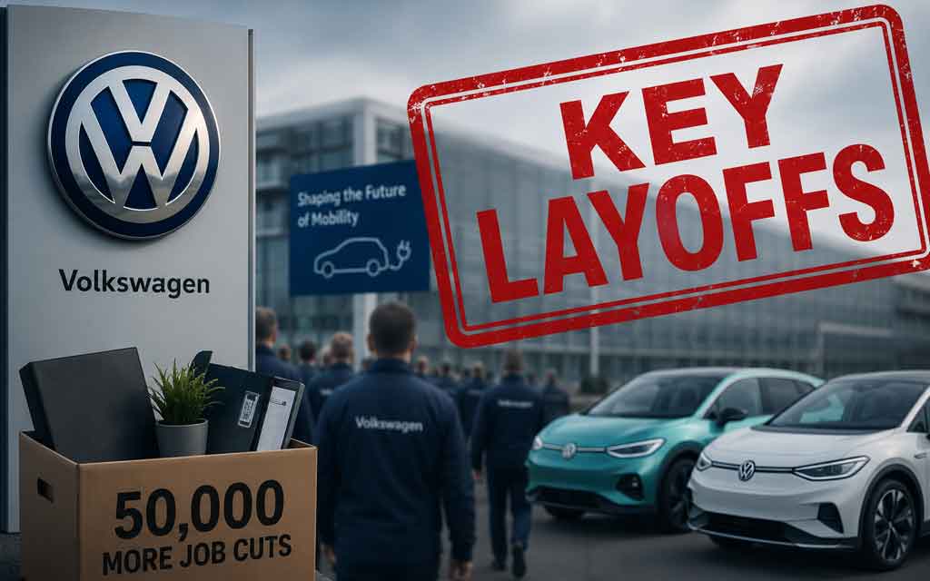 Volkswagen manufacturing plant with EV production line and workers representing the company's restructuring and planned workforce reductions